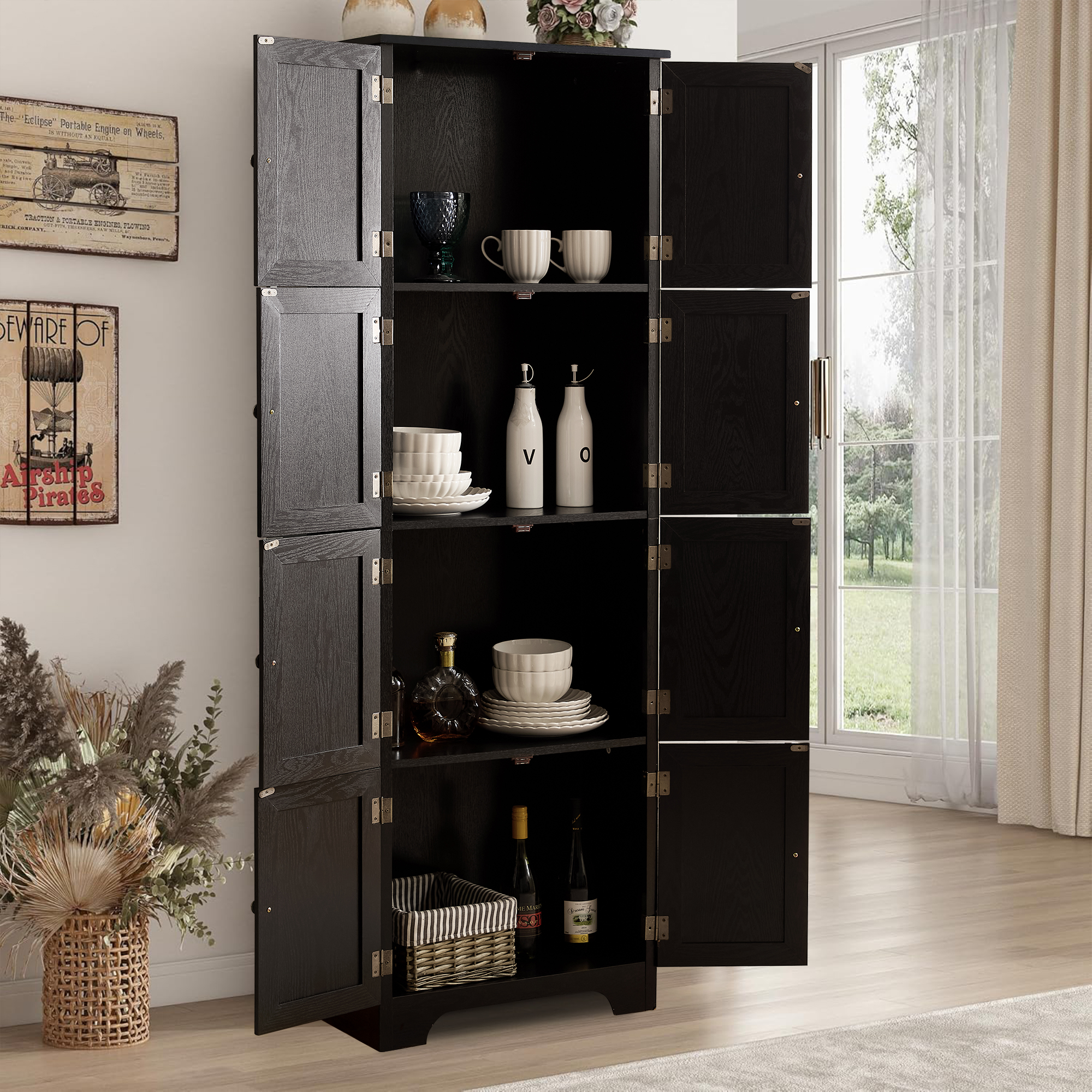 MDQMD 72.4'' Tall Storage Cabinet with Doors for Living Room,Kitchen Pantry Storage Cabinet,4 Tier Black Wooden Cabinet for Bathroom,Hallway