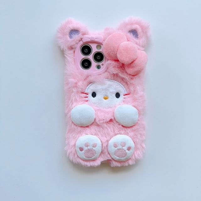 Popular en invierno, funda de teléfono de felpa con diseño de gato Hello Cute Kitty de dibujos animados a prueba de congelación para iphone 13 14 15 plus/pro/pro max