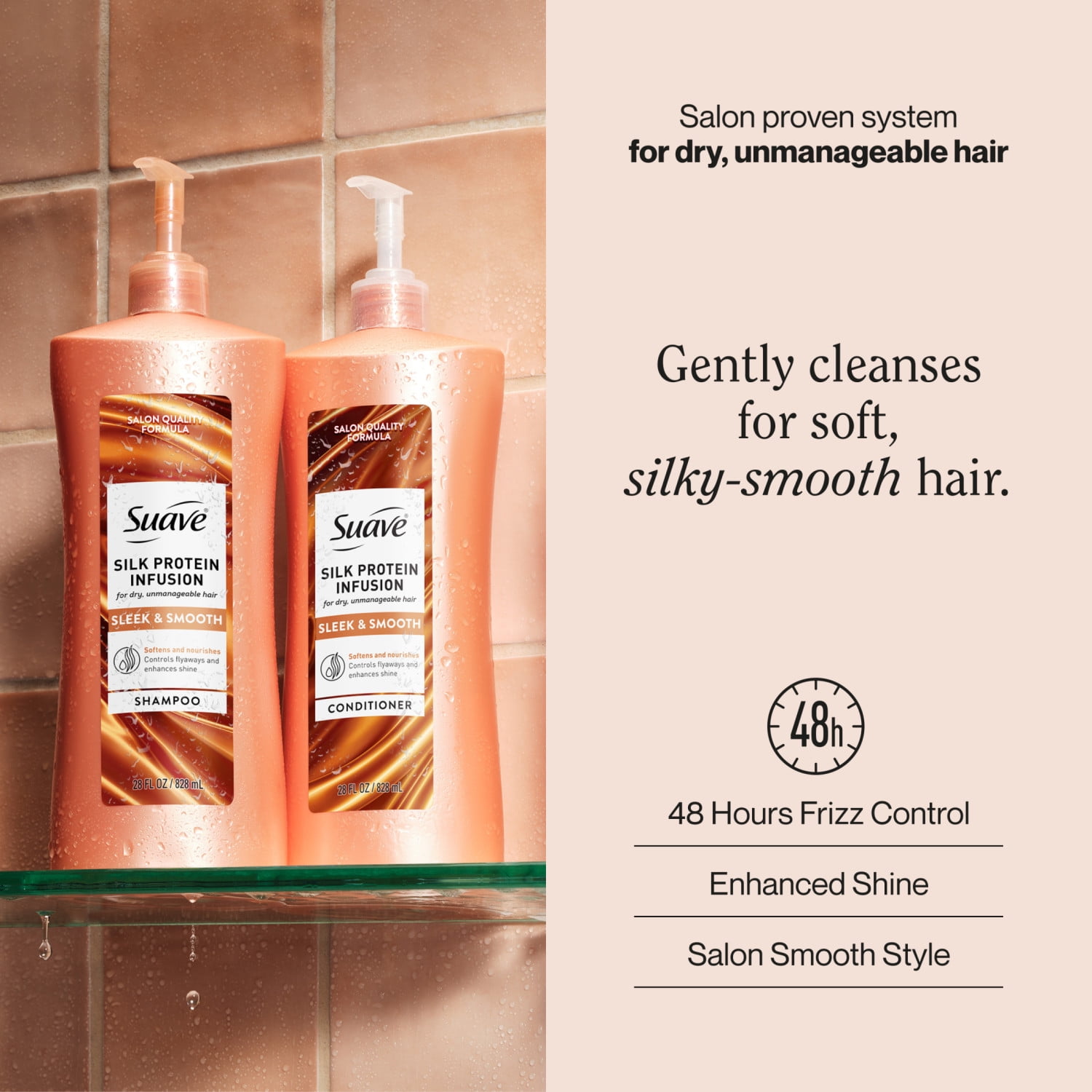 (4 pack) Suave Silk Protein Smooth and Sleek Smoothing Shampoo for Frizzy Hair, Anti-Humidity Shampoo, Smooths for Sleek, Shiny Hair, 28 fl oz
