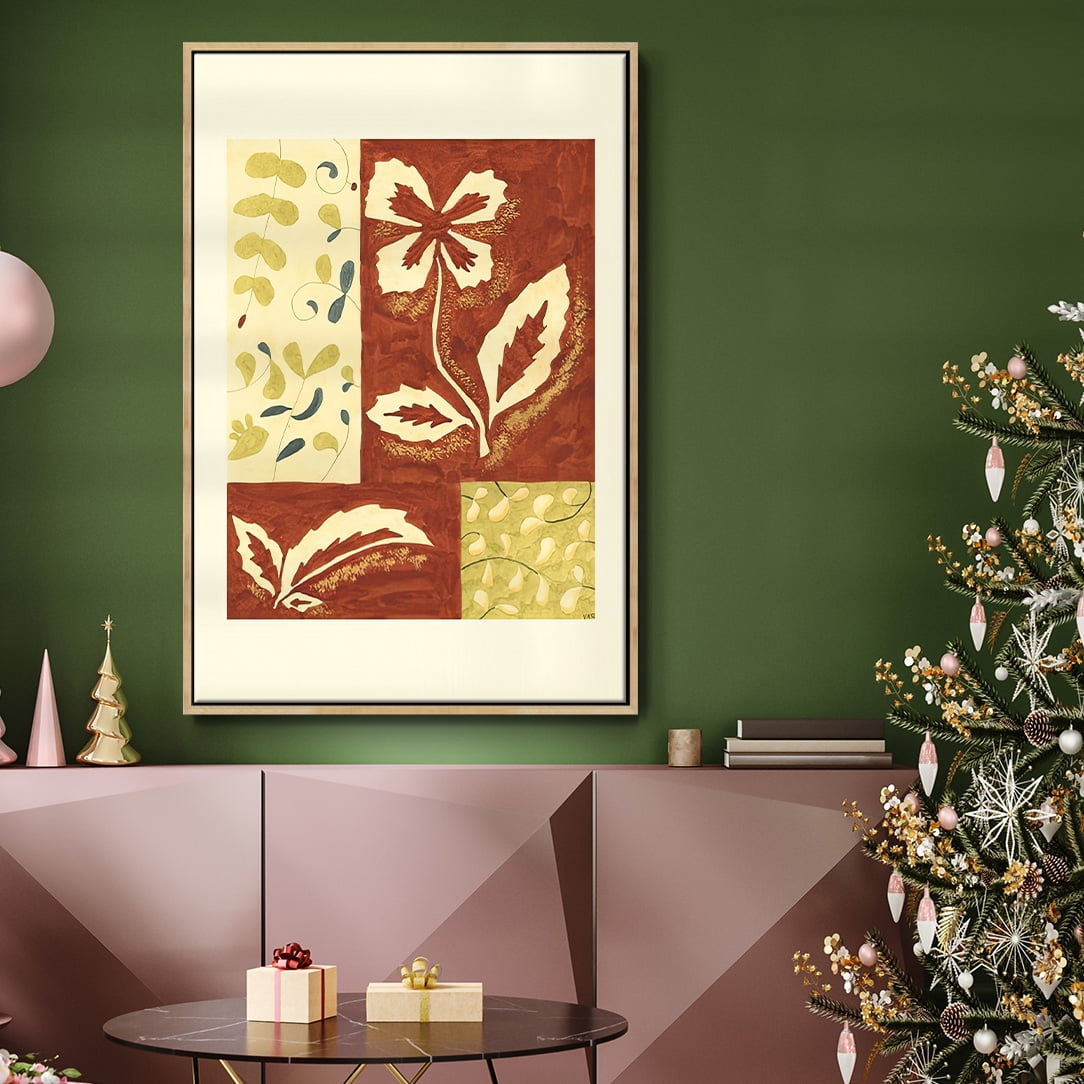 Festive Floral II - Framed Gallery Wrapped Holiday Canvas - 27 x 41 - Natural Wood Frame