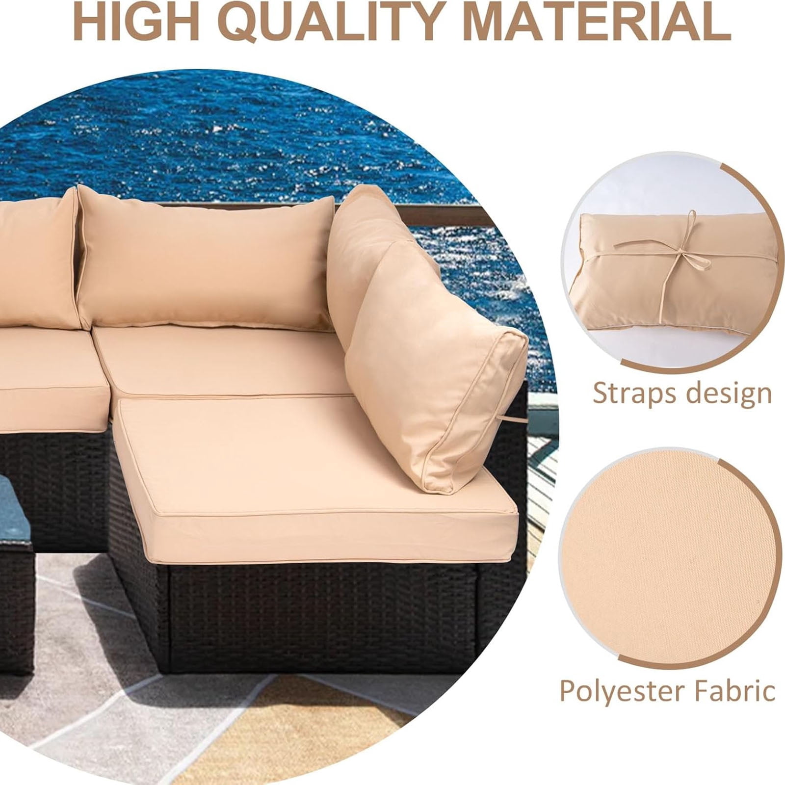 Outdoor Sectional Cushions, 6 Seat Patio Sectional Cushions, 4" Foam High-Density, Water-Resistant Patio Sofa Cushions Replacement Set（Beige）