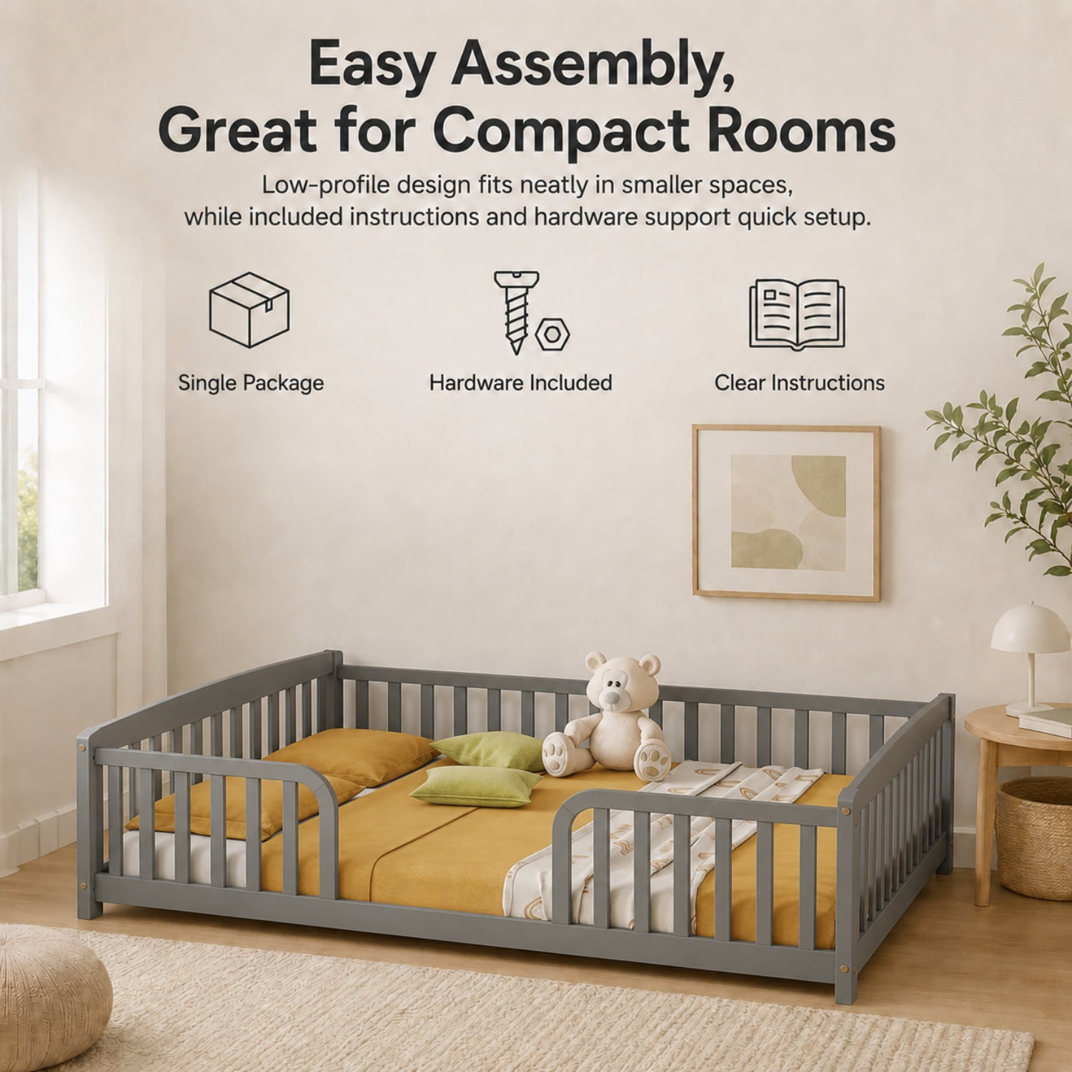 Miniyam Full Size Floor Bed with Guardrails, Low Profile Wooden Kids Bed Frame with Rounded Entrance, Gray