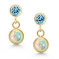 thumbnail image 2 of Gem Stone King 14k Yellow Gold Simulated White Opal and Swiss Blue Topaz Two Stone Dangle Earrings for Women (0.80 Cttw, Gemstone October Birthstone, Round Cabochon 4MM, Round 3MM), 2 of 4
