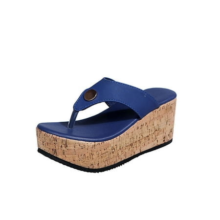 

Lacyhop Womens Wedge Sandals Lightweight Flip Flops Slip On Slides Beach Fashion Casual Shoes Cork Clip Toe Shoe Blue 6