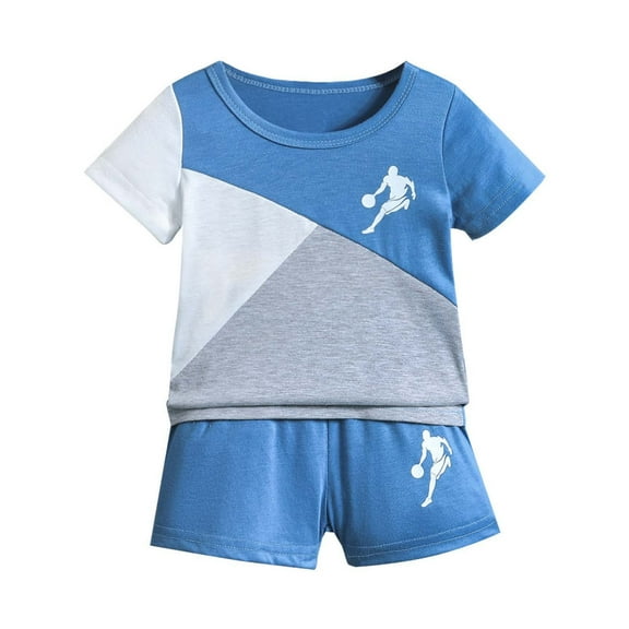 WERYOUNG Boys Girls Outfits Summer Fashion Loose Comfort Round Neck Patchwork Short Sleeve Sets Lovely Sports Outfits,Blue,9-12 Months