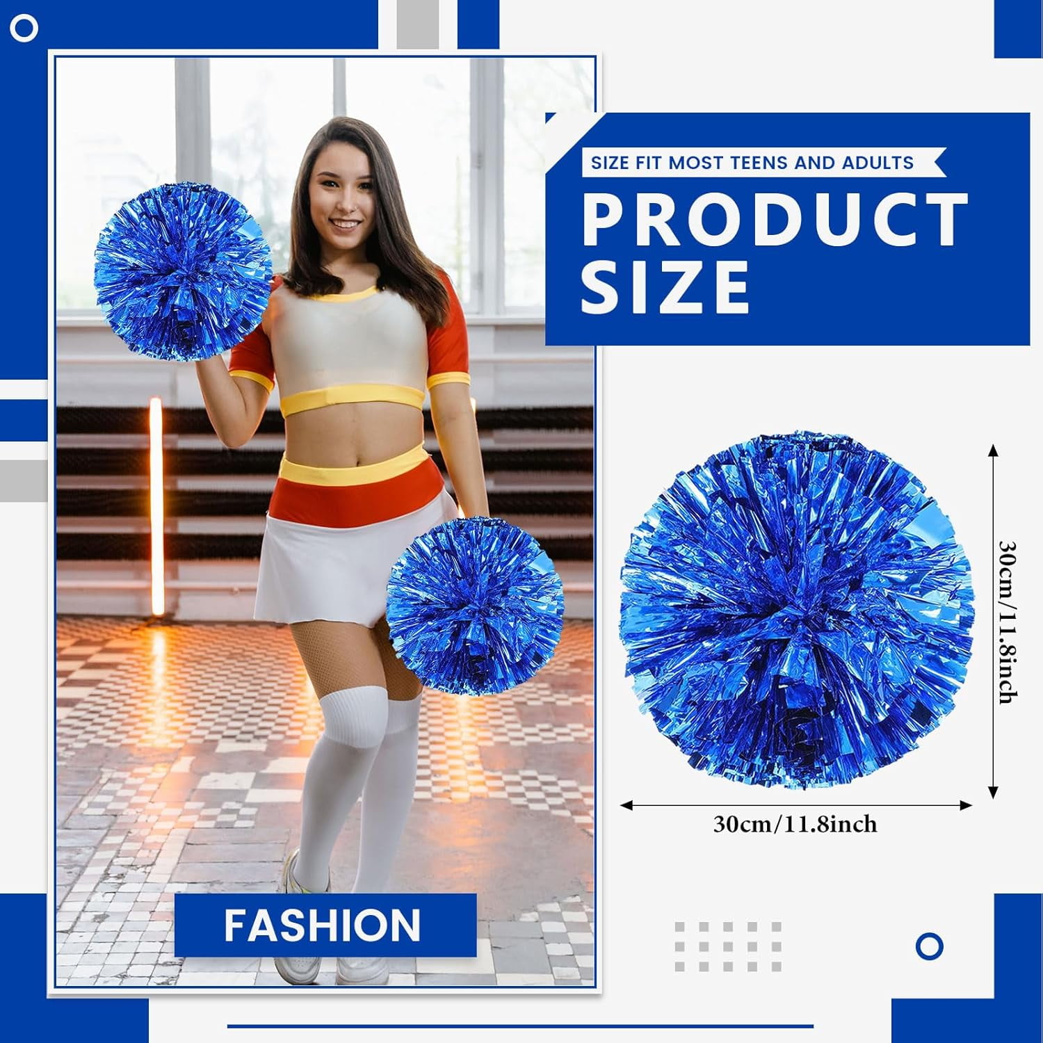 Cheerleader Pom Poms 12 Pack Sports Dance Cheering Plastic Metallic Cheerleading Pom Poms for Kids Adults-Ring Style