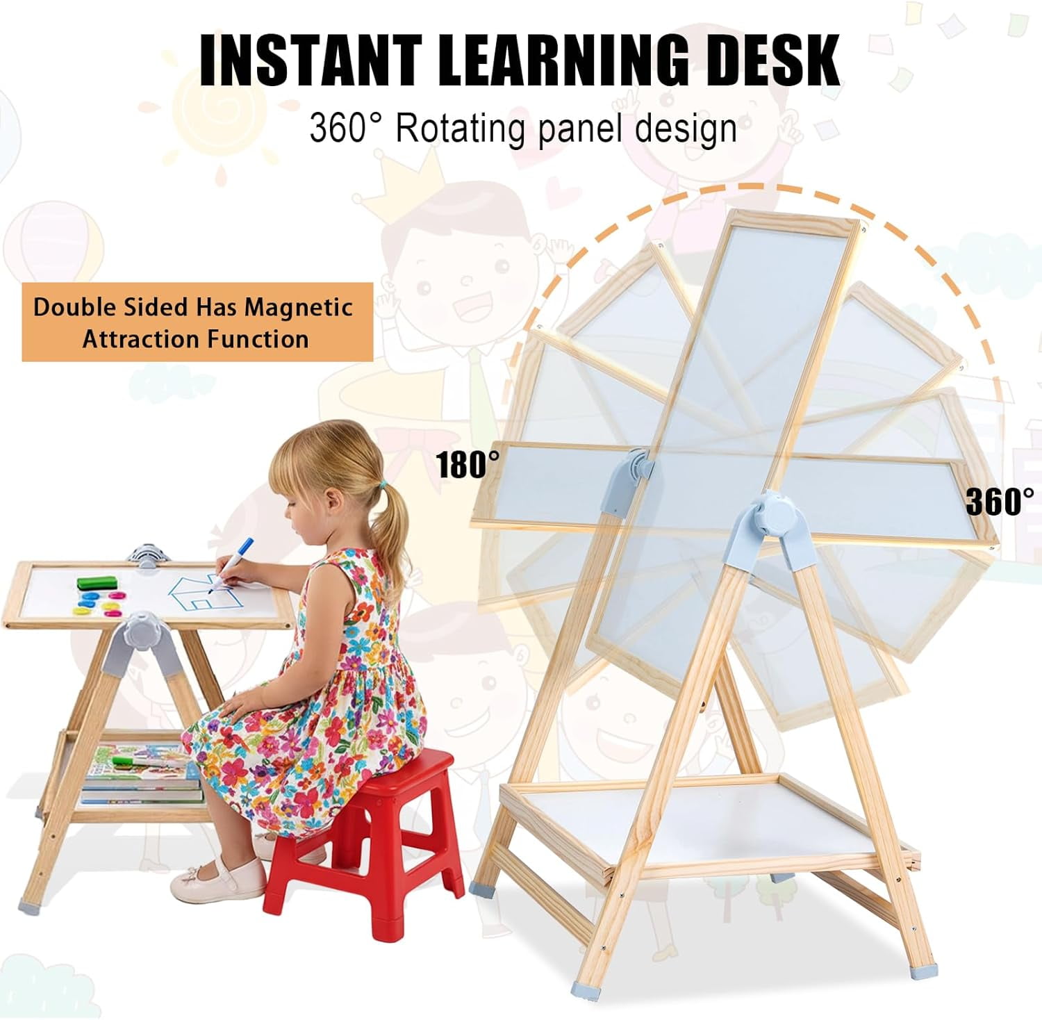 XYJBHB Art Easel for Kids, Double-Sided Kid's Easel with Magnetic Whiteboard & Chalkboard, Adjustable Kids Land Easel, Learning-Toy for 3,4,5,6,7,8 Years Old Boy&Girls