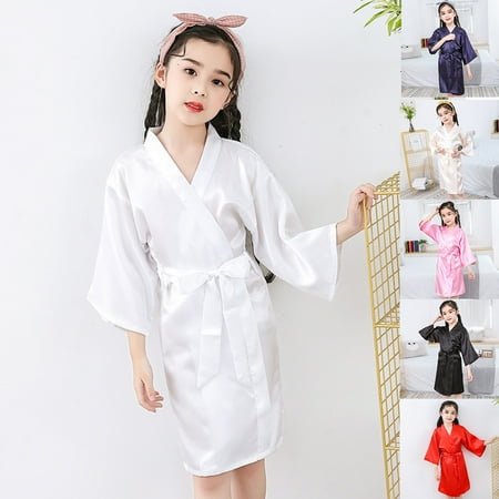 

Windfall Kids Satin Kimono Robe Bathrobe Nightgown for Spa Party Wedding Birthday Summer Girls Silk Robe Solid Color Children Pajamas Kids Soft Bathrobe Sleepwear