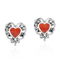 Elegant Reconstructed Red Coral Heart Sterling Silver Filigree Stud Earrings