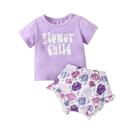 

Calsunbaby Newborn Baby Girls Outfits Set Short Sleeve T-shirt Flower Print Ruffled Shorts Summer Clothes Purple 9-12 Months
