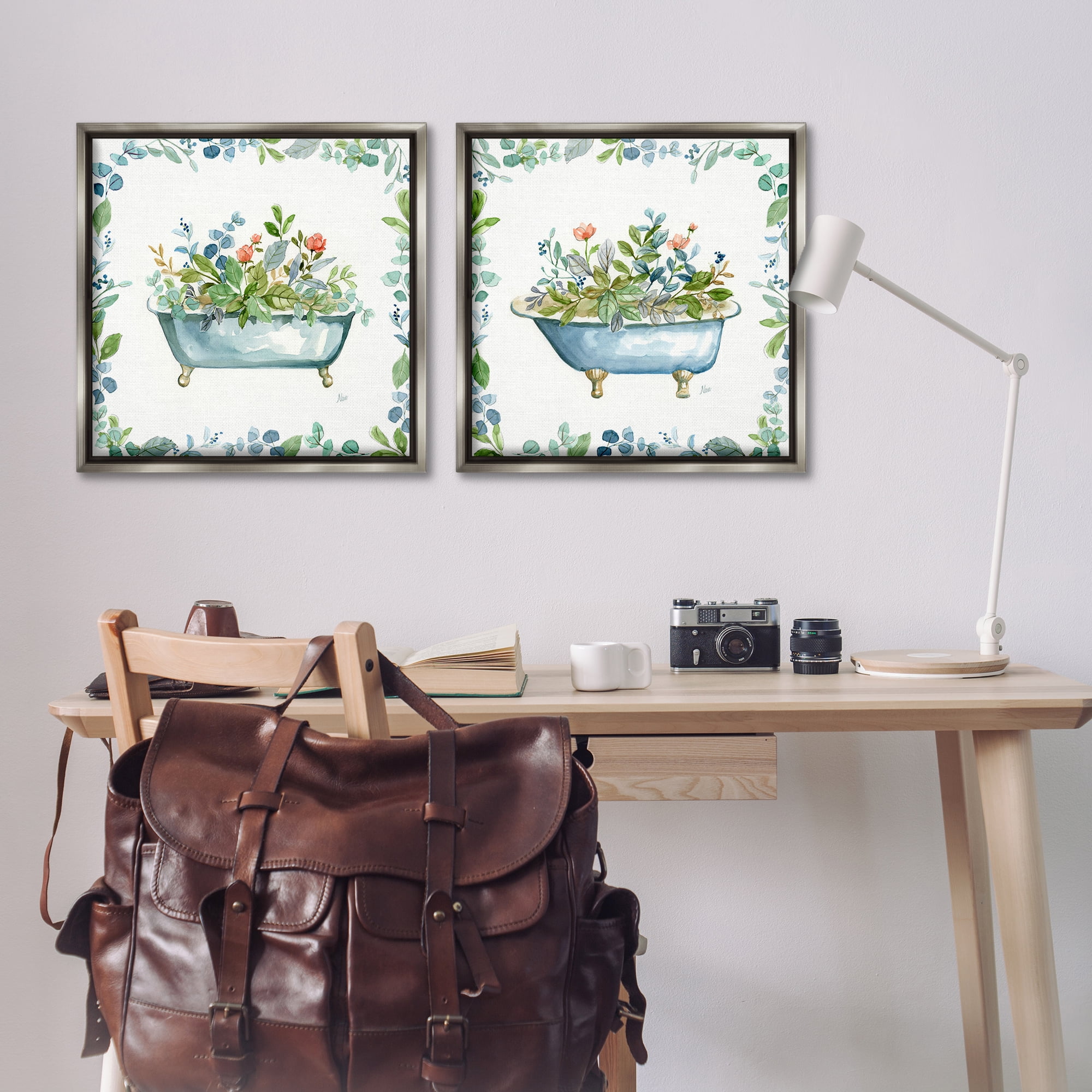 Stupell Industries Charming Flower Filled Tub Bath & Laundry Painting Gray Floater Framed Canvas Art Print Wall Art, 25 x 25, Set of 2
