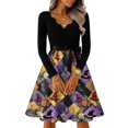 thumbnail image 6 of Halloween Dresses for Women Pumpkin Printed V-Neck Cute Tea Length Dress Ghost 1950s Long Sleeve Fashion Dresses with Belt 4XL, 6 of 7