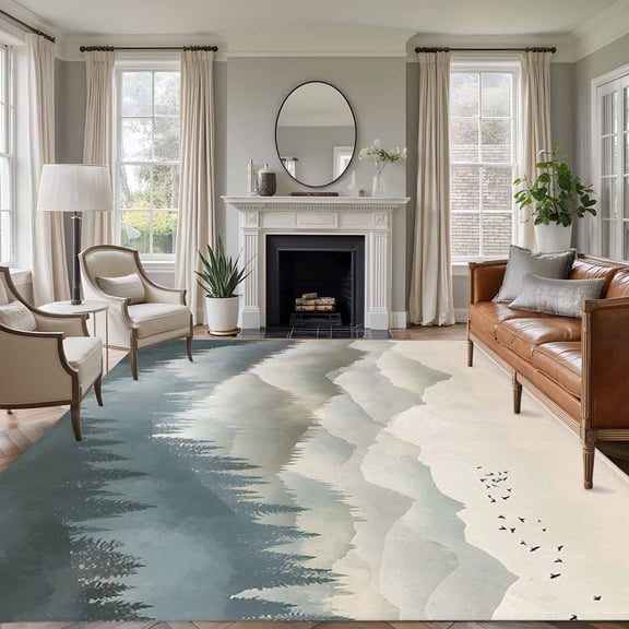 Area Rug for Living Room, Mountains Non-Slip Indoor Large Carpet for Bedroom/Dining Room, Farmhouse Forest Nature Trees Landscape Washable Low-Profile Rectangle Floor Runner Rugs - 6 x 9 Ft