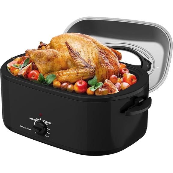 Superjoe Roaster Oven 28 Quart, Electric Roaster Oven with Visible & Self-Basting Lid, Turkey Roaster Oven with Removable Pan & Rack, Variable Temperature Control, Stainless Steel, Black