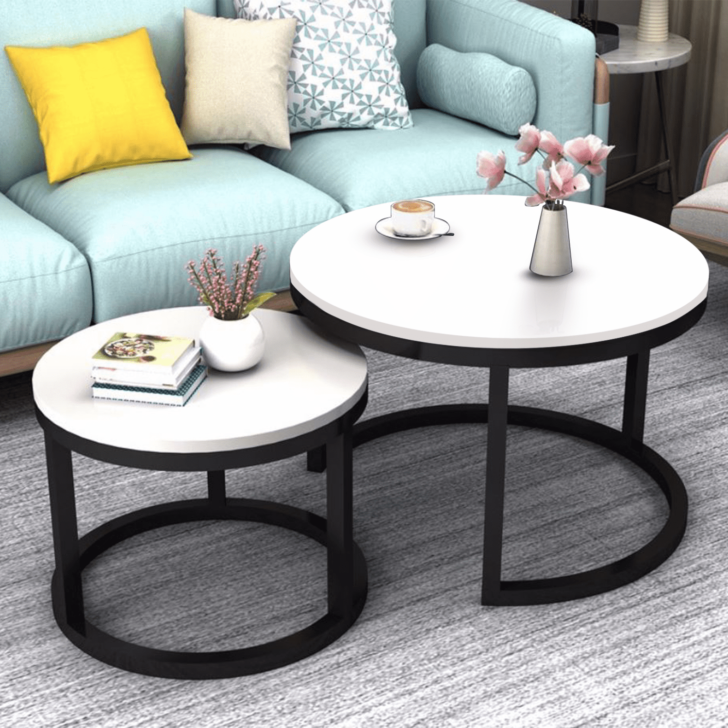 2 Round Tea Table Coffee Table Desk Sets | White - Twin Sets Multi