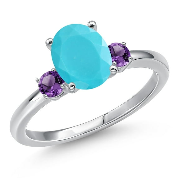 Gem Stone King 14K White Gold Green Turquoise and Purple Amethyst Engagement Ring for Women | 1.70 Cttw | Oval 9X7MM | Gemstone Birthstone | Size 6