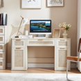 thumbnail image 6 of Joaxswe 56" Office Desk with File Cabinet, Rattan Wood Work Desks, Boho Study Table for Computer Office, Bedroom, Grey White, 6 of 7