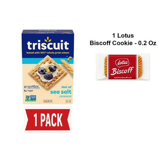 Triscuit Hint Of Sea Salt Whole Grain Wheat Crackers, Vegan Crackers, Vegan Snacks, Lunch Snacks, 8.5 Oz - Pack Of 1 & Lotus Biscoff Cookie - 0.2 Oz - 1 ct