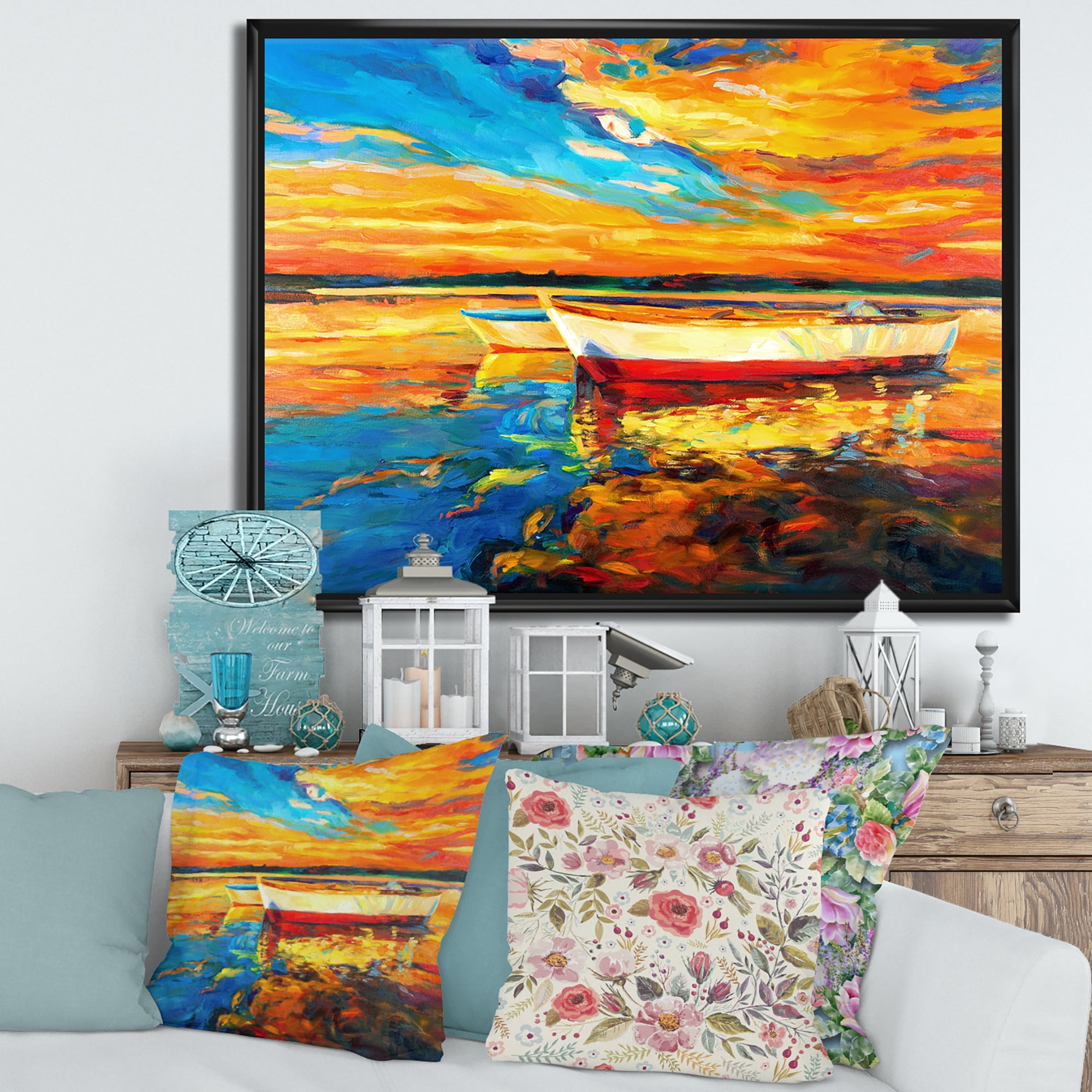 Designart 'Red and White Boats By The Pier At A VIbrant Sunset' Nautical & Coastal Framed Canvas Wall Art Print