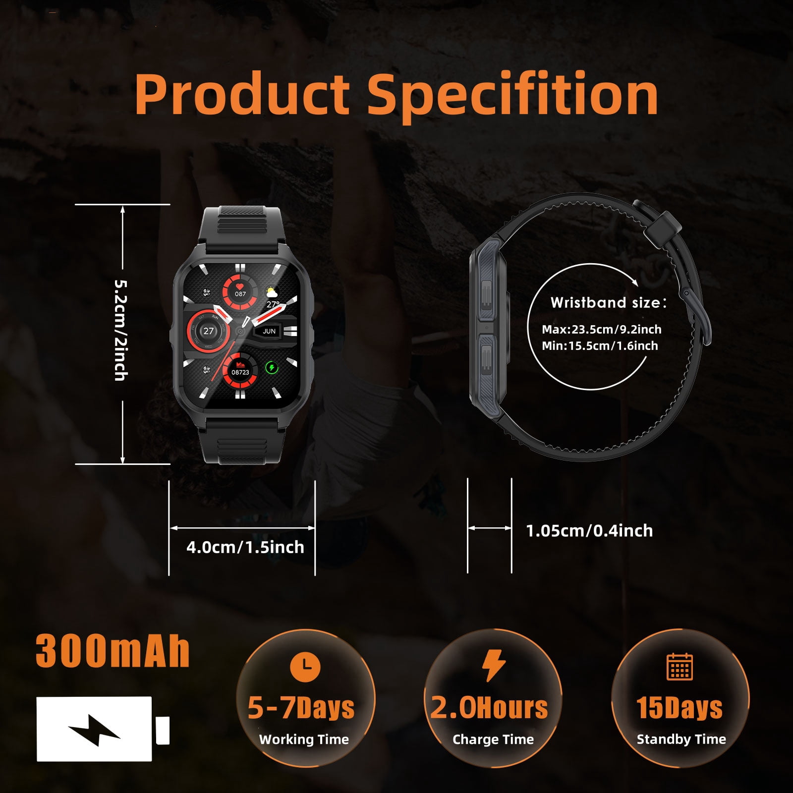 PAKRYS Smartwatches For Men, 3ATM Waterproof 100+ Sport Modes Outdoor Fitness Tracker, 1.83'' HD Rugged Smart Watch with Bluetooth Calls, for iPhone Android