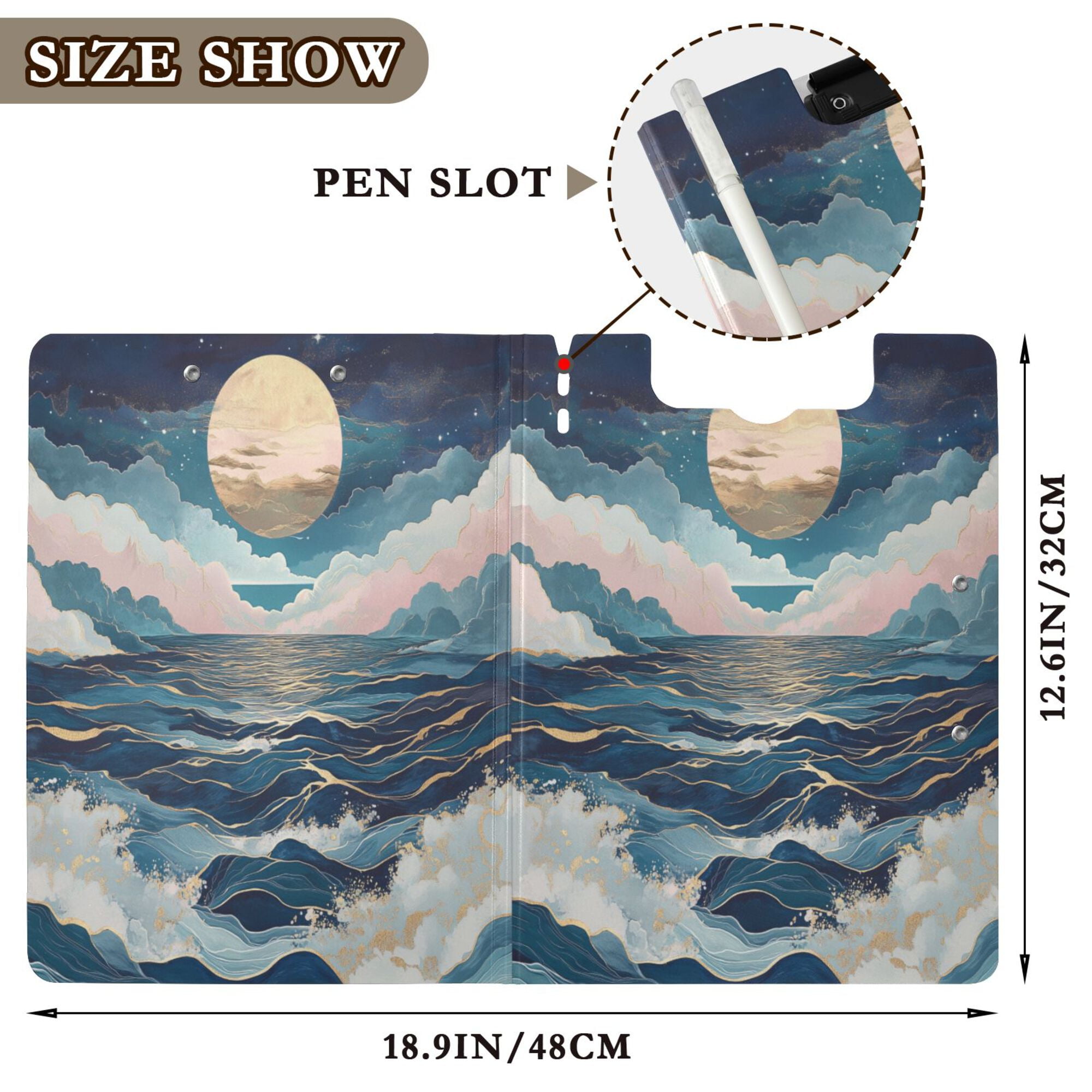 FORMRS A4 Clipboard Folder with Pen Holder Horizontal Foldable School Office Binder, Rolling Waves