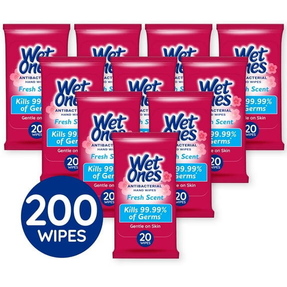 Wet Ones Antibacterial Fresh Scent Hand Wipes 20 Ct Travel Pouch, Pack of 10 (200 Wipes Total), Hypoallergenic, Kills Germs, Leaves Hands Feeling Clean