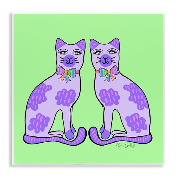 Stupell Industries Purple Cats on Green Animals Painting Unframed Art Print Wall Art, 12 x 12