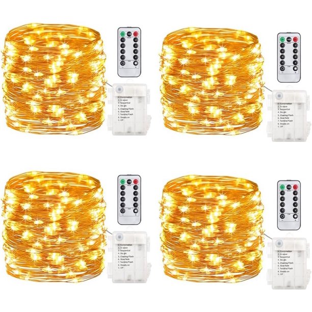 Paquete de 4 16.4 pies 50 luces de hadas LED con pilas con temporizador de control remoto Alambre de cobre impermeable Luces de cadena centelleantes Blanco cálido
