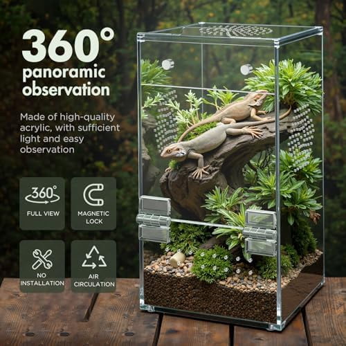 Pre-Assembled Jumping Spider Enclosure,Acrylic Terrarium with Magnetic Door & All-Side Ventilation,Habitat for Spiderling, Mantis,Tarantula,Snail,(Tweezer & Temp Sticker Included)