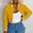 thumbnail image 2 of LEKODE Women Long Sleeve Button Down Cropped Faux Leather Varsity Baseball Bomber Jacket Casual Biker Motorcycle Coat with Pockets Streetwear Yellow M, 2 of 5