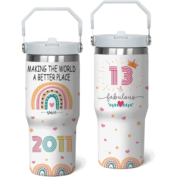 13th Birthday Tumbler with Handle & Straw, Birthday Gifts Stainless Steel Cups 30 Oz, 13 Year Old Birthday Gifts for Girls, 13th Birthday Decorations for Girls, Happy 13th Birthday Gifts for Girls