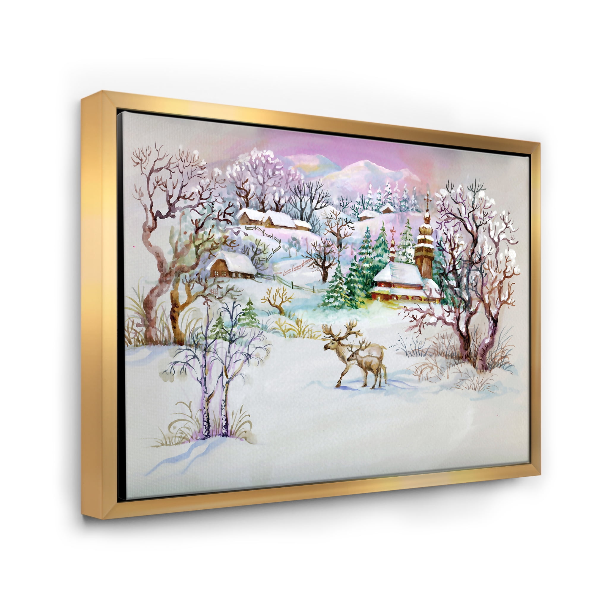 Winter VIllage Life Landscape 32 in x 16 in Framed Painting Canvas Art Print, by Designart