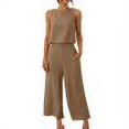 thumbnail image 1 of RT5YKing Ensemble 2 Pcs Coton et Lin Mode Femme Col Rond Blouse Sans Manches Unie + Pantalons Amples avec Poches, 1 of 8