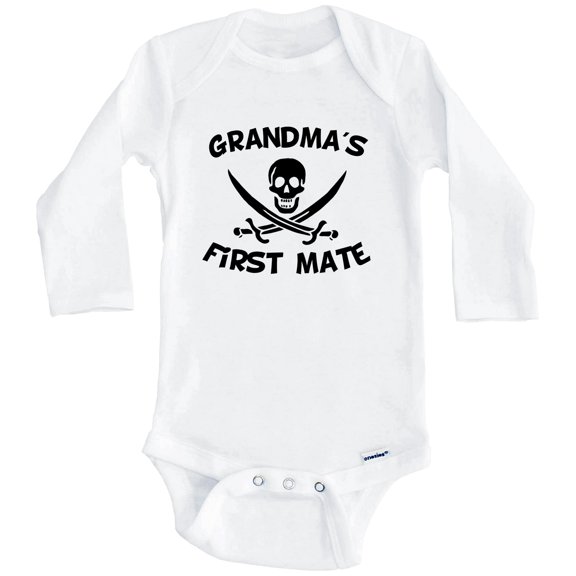Grandma's First Mate Funny Pirate One Piece Baby Bodysuit (Long Sleeve), 0-3 Months White