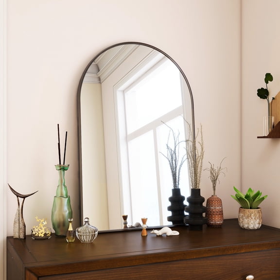 GRAHMY 24"x 16" Arched Bathroom Mirror Metal Frame Vanity Mirror Wall Mounted, Black