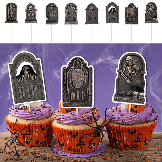 Insertos para Decorar Tartas de Halloween | 8 Adornos para Cupcakes con Temática de Lápida, Palillos de Papel Gris Oscuro | Diseños de Calaveras de Esqueleto Rip Espeluznantes para Decorar Postres de