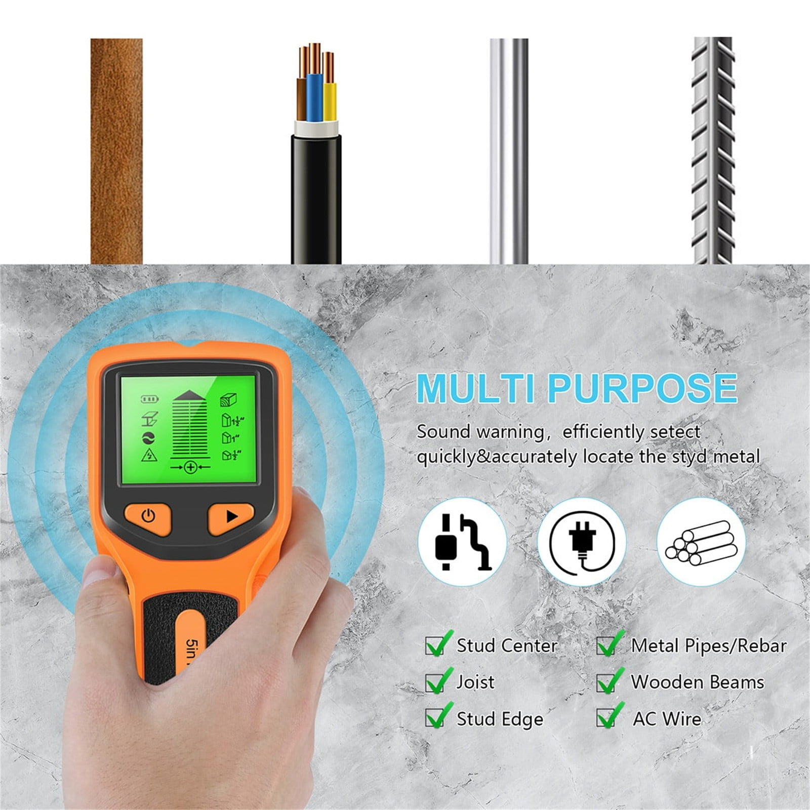 Stud Finder Wall Scanner, 5 in 1 Stud Finder Wall Scanner Detector Electronic Stud Locator Wood Beam Joist Finders Portable Wall Detector for AC Wire Metal Pipe Gifts for Men, Orange