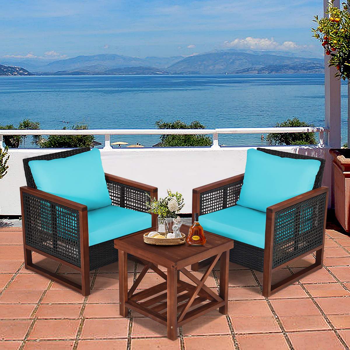 Patiojoy 3PCS Patio Rattan Bistro Set Acacia Wood Frame Sofa and Side Table Turquoise Cushions - image 3 of 6