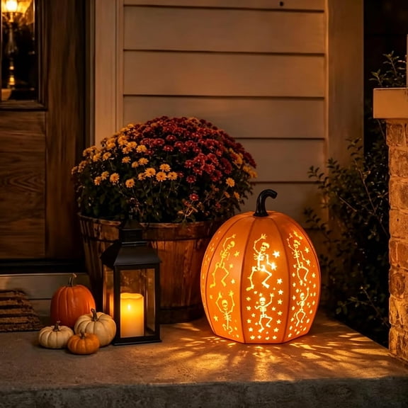Stackable Halloween Pumpkins, 3-Tier Halloween LED Pumpkin,Skeleton Cutout Metal Pumpkin Lights, Warm Glow Decor for Front Porch Yard Indoor Outdoor Halloween Decorations