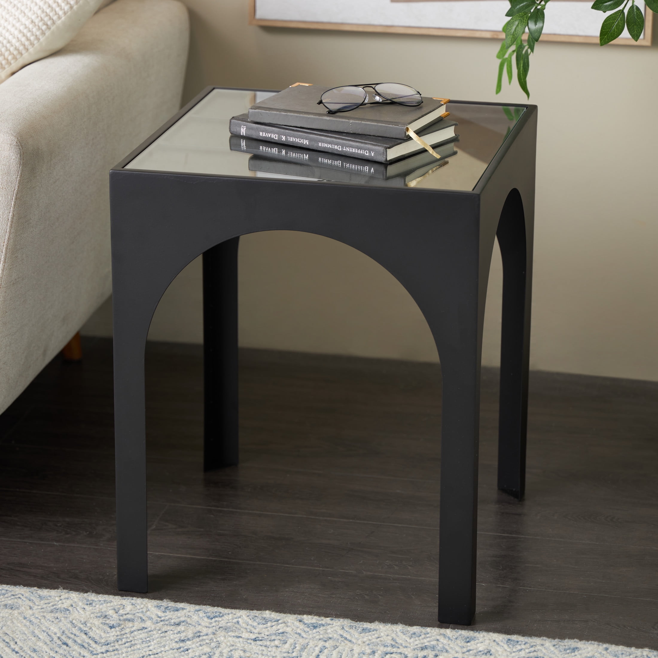 DecMode 18" x 22" Black Metal Geometric Accent Table with Glass Top, 1-Piece