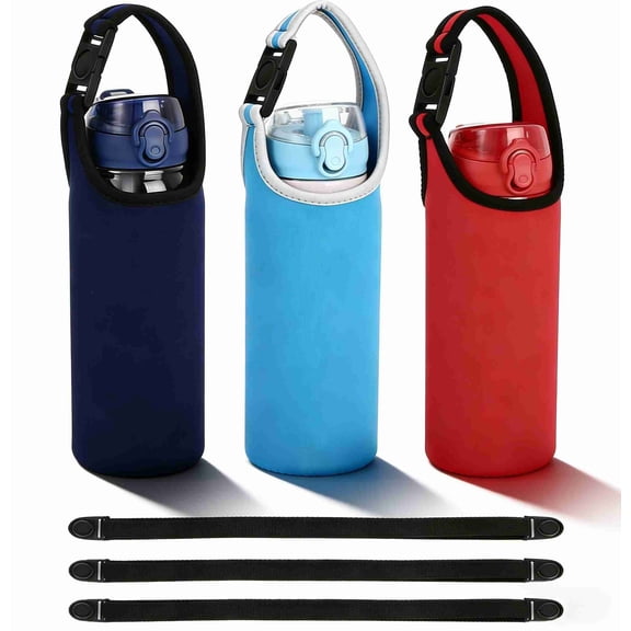 3 Pack Water Bottle Carrier with Shoulder Strap, Neoprene Sleeve Cup Holder Pouch with Carrying Handle for 16oz-21oz Sport Water Bottle -3 Assorted Colors