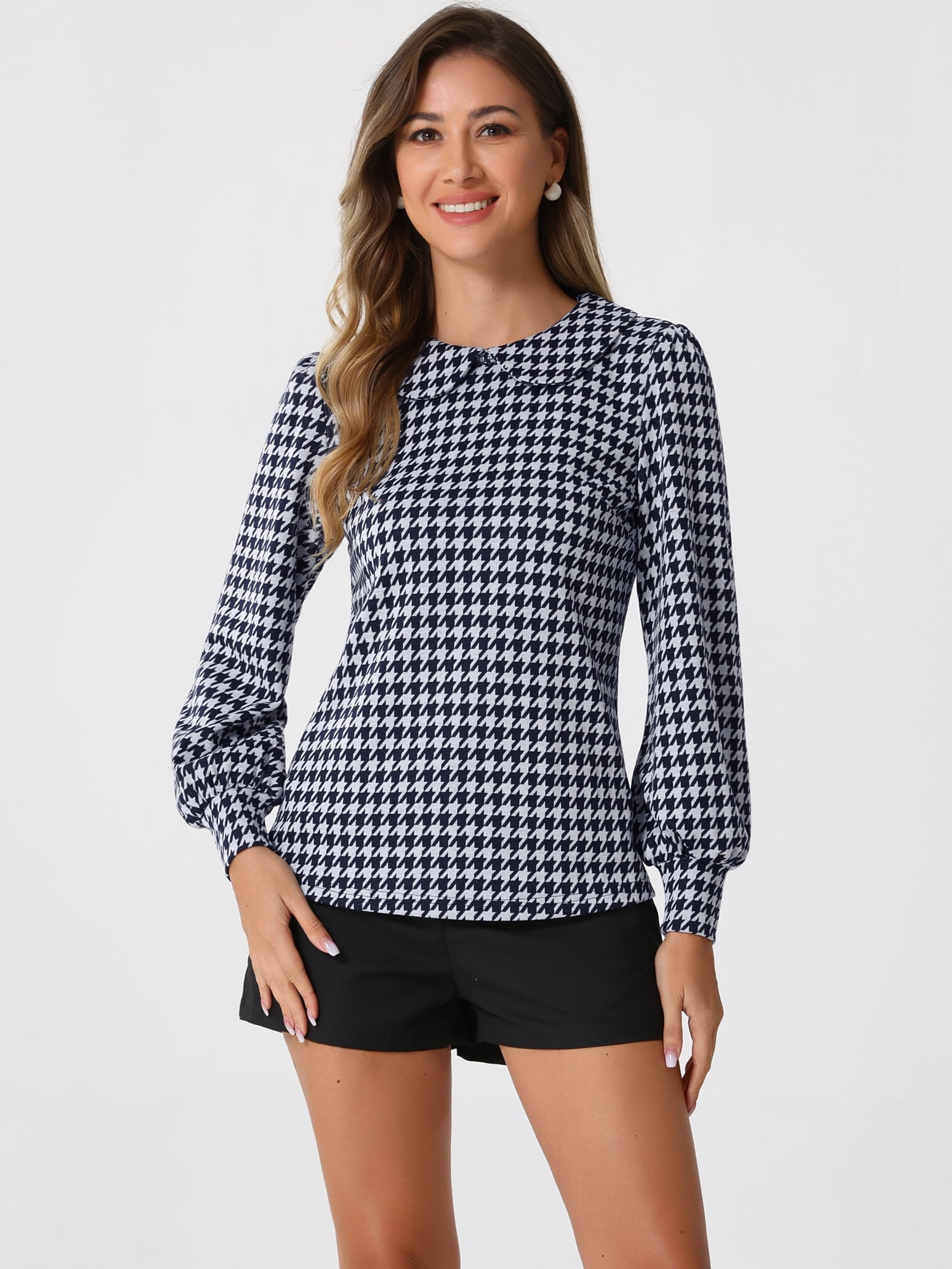 DARING DIVA Women's Peter Pan Collar Houndstooth Plaid Blouse S Navy Blue