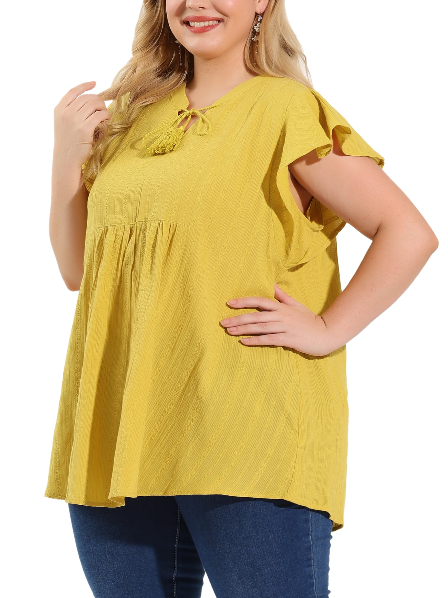 Unique Bargains Juniors' Plus Size Flutter Sleeve Drawstring Flowy Split V Neck Tunic Top Ginger 2X