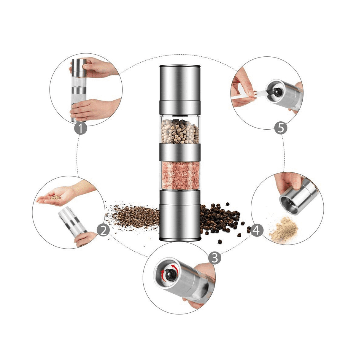 2X 2 in 1 Salt and Pepper Grinder Set,Stainless Steel Salt Grinder with Adjustable Ceramic Rotor