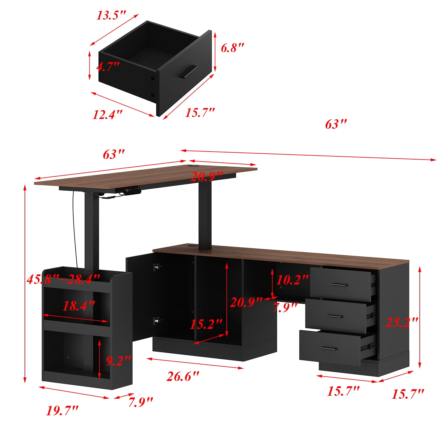 KULAGAGA Electric Standing Desk with Drawers and Shelves, Executive Adjustable Height Desk, L-Shaped Design, 63 inch Tabletop, for Office Deep Brown & Black