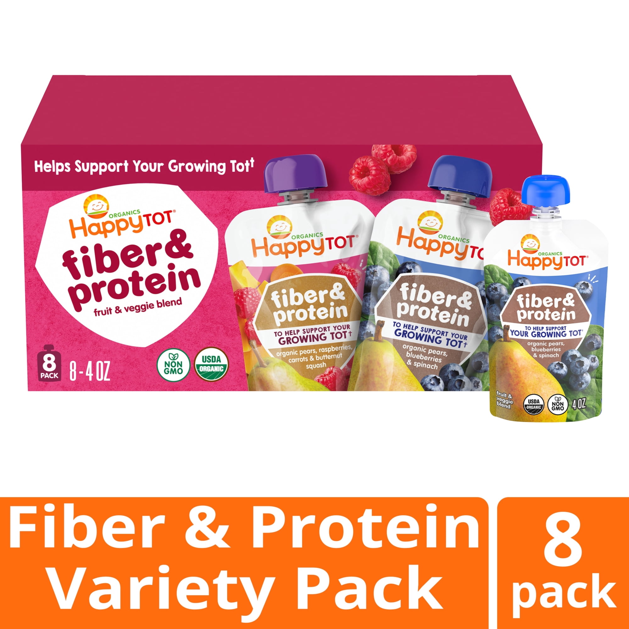 Happy Tot Organics Fiber & Protein Stage 4, 2-Flavor Variety Pack Organic Tot Food, 4 oz (8 Pouches)