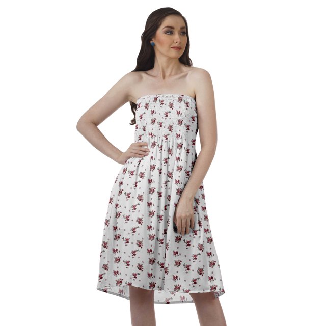 Moomaya Robes d'Été Sans Bretelles pour Femmes en Crêpe Imprimé, Robe Tube Smockée pour Femmes