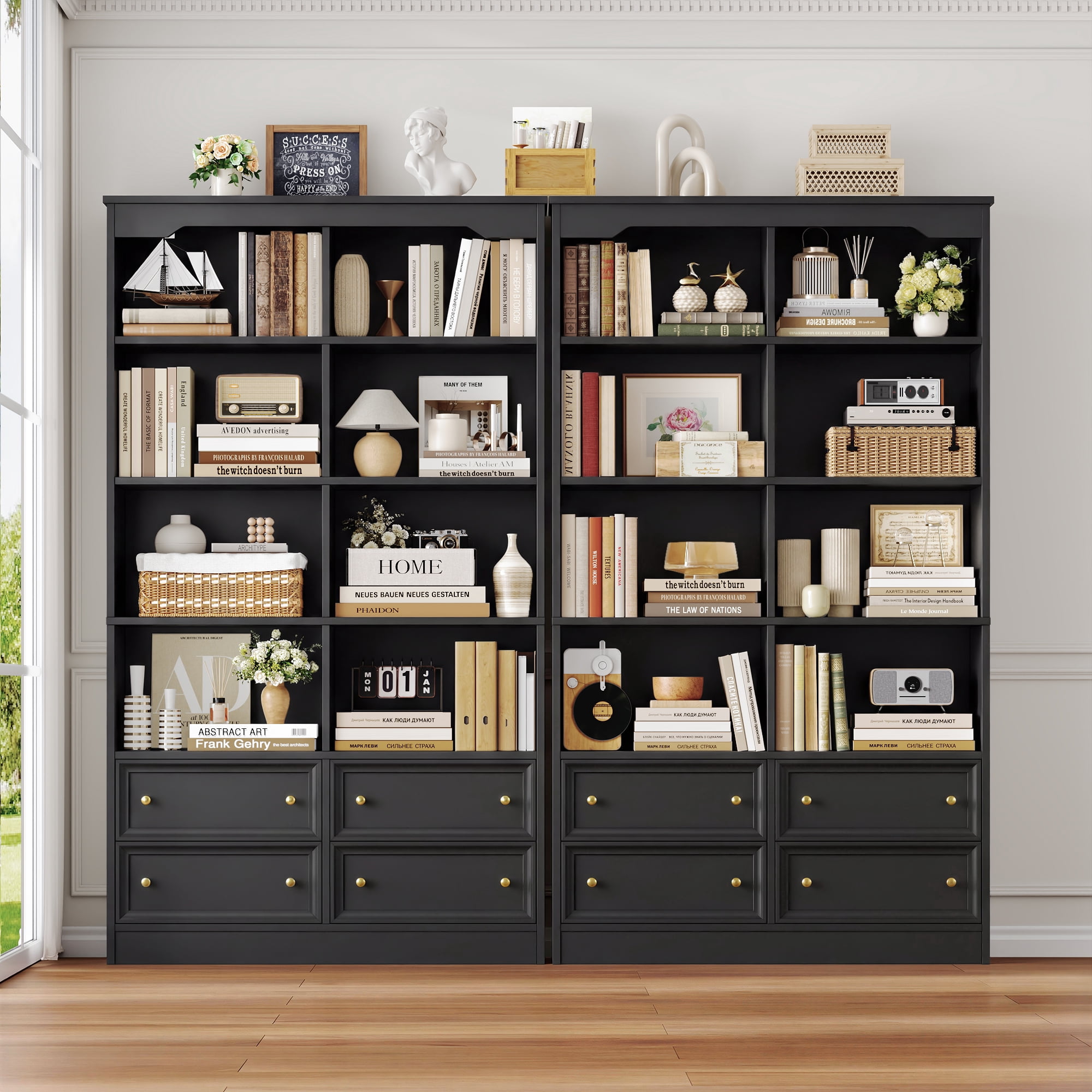 Homfa Double Row 6 Tier Bookcases, 71 in Tall Bookcase Bookshelf with 4 Drawers and 8 Display Cubicles, for Home Office Living Room, Black