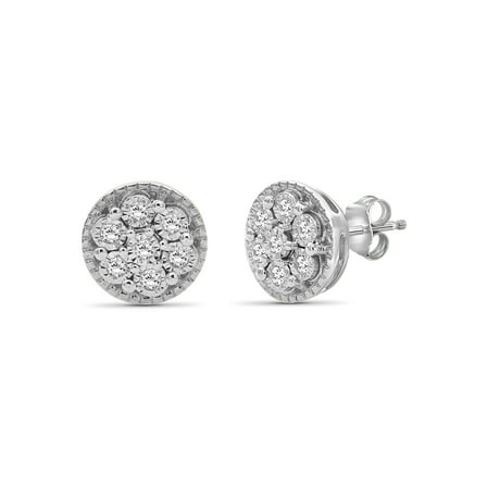 JewelersClub White Diamond Earrings for Women | 1/10 CTW White Diamond Cluster Earrings | Real Diamond Studs, Hypoallergenic Sterling Silver | Secure Push-Back Stud Earrings for Women