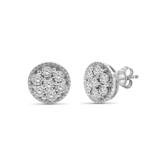 JewelersClub White Diamond Earrings for Women | 1/10 CTW White Diamond Cluster Earrings | Real Diamond Studs, Hypoallergenic Sterling Silver | Secure Push-Back Stud Earrings for Women